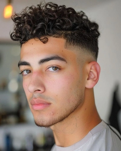 Low Taper Fade Curly Fringe