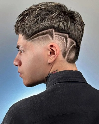 Low Taper Fade Straight Hair with Design