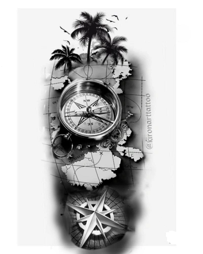 Compass and Map Tattoo Stencil