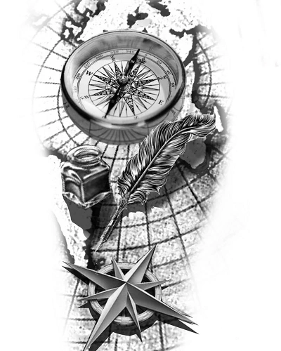 Compass and Map Tattoo Stencil