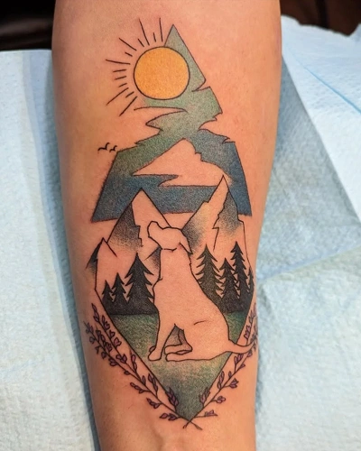 Dog with Mountains Tattoo for Men